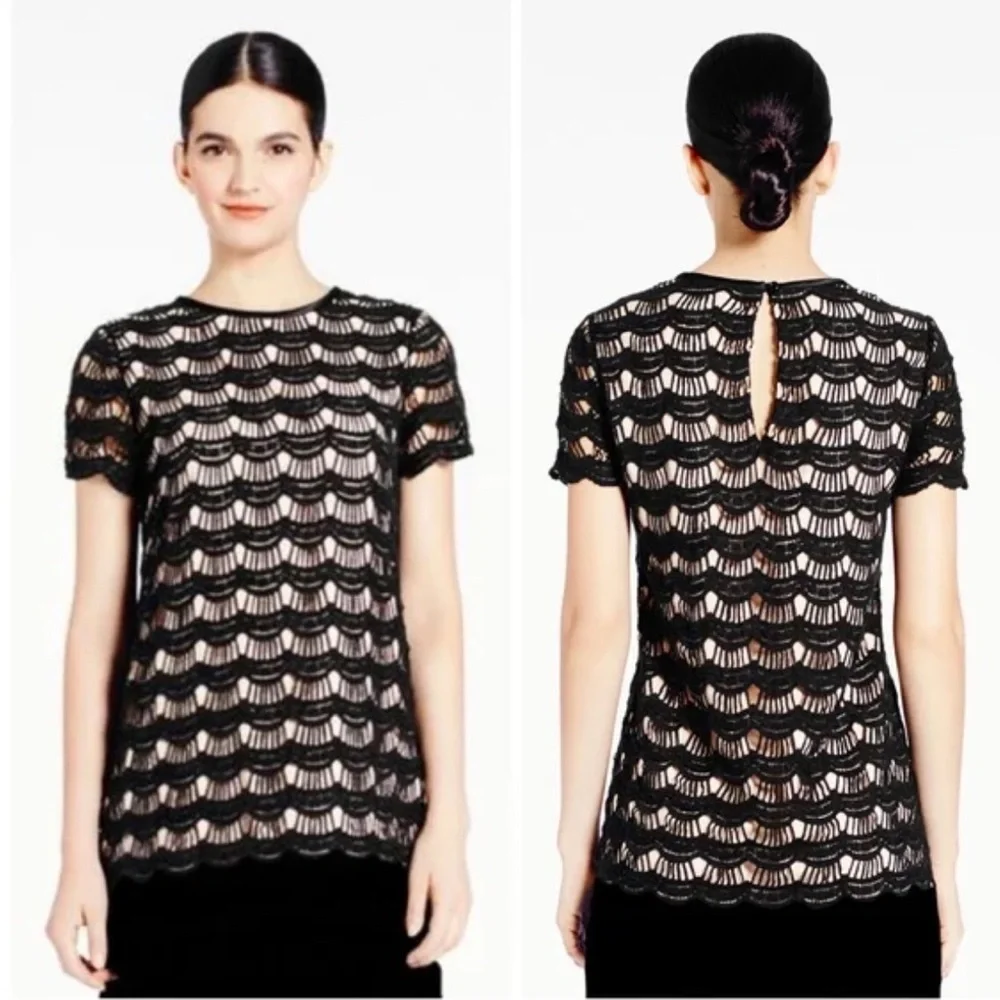 NWT! Kate Spade Scalloped Lace Elegant Black Short Sleeve Top Size 12